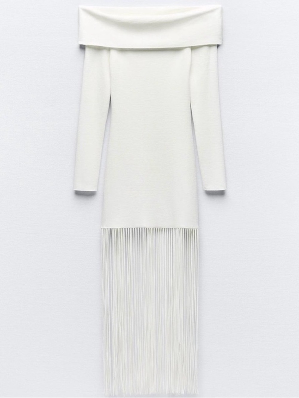 Zara Off-Shoulder Cream Fringe Midi Dress